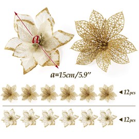 ABSOFINE Glitter Christmas Poinsettia Flower Ornaments 24Pcs Gold Artificial Flower Tree Decorations for Christmas Tree Wendy Wreaths Decor