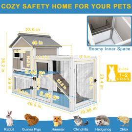 Ketive 48" L Rabbit Hutch Outdoor Indoor Bunny Hutch Weatherproof, 2-Story Wood Rabbit Cage with Deep Tray, Chew-Resistant Ramp, UV Roof, Bunny House for Small Animal, Expandable Guinea Pig Cage