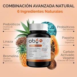 OBY Probioticos 60 Billones, Prebióticos, Inulina de Agave, Enzimas digestivas Bromelina y Papaina, Fibra Linaza y Carbón Activado Vegetal de Coco. Probioticos Mujer y Hombre | 60 capsulas - 60 días