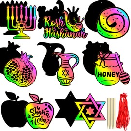 Rosh Hashanah Scratch DIY Craft Cards Kit - Shana Tova Scratch Decoration Craft Cards - Jewish New Year Party Supplies Cards Birthday Scratch Cut-Outs Party Essential Cards - Set of 24