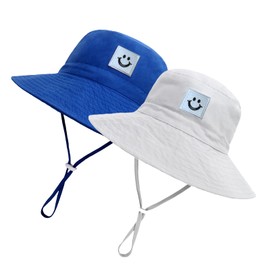 Baby Sun Hat Smiling Face UPF 50+ Beach Toddler Bucket Hat for Baby Boys and Girls, Toddler Kids Wide Brim Sun Hats Cap (US, Age, 0 Months, 6 Months, Blue+Grey)