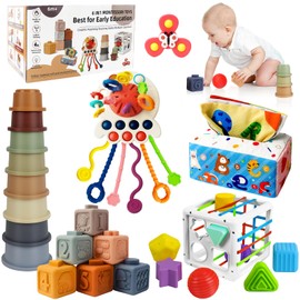 EPOGG 6 in 1 Baby Toys 6 to 12 Months, Montessori Toys for Babies Incl Pull String Toy & Stacking Cups & Tissue Box Toy & Suction Cup Spinner Toy & Stacking Blocks & Activity Cube Gift for Boy Girl