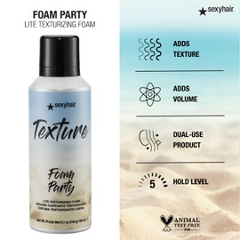 SexyHair Texture Foam Party Lite Texturizing Foam, 5.1 Oz | Buildable Hold | Adds Shine | All Hair Types