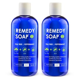 Truremedy Naturals Remedy Soap Pack de 2, ayuda a lavar el olor corporal lejano, calmar el pie del atleta, gusano de anillo, picazón de caldo, infecciones de levadura e irritaciones de la piel. 100% natural con aceite de árbol de té, menta y aloe 12 oz