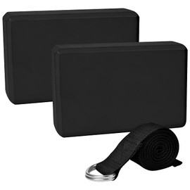 Chstarina Yoga Block Set of 2 with 1 1.8 m Cotton Yoga Strap, Yoga Block Made of EVA Foam Hard Foam Yoga Set Yoga Block Yoga Strap Fitness Accessories Aid for Yoga and Pilates (Black)