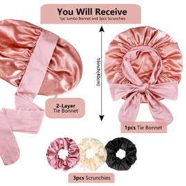 1+3 Large Satin Bonnets with Scrunchies for Women, Double Layer Hair Bonnet Tie Bonnet for Sleeping Braids Curly Hair, E