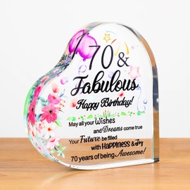 Movdyka 70th Birthday Gifts for Women, Happy 70 & Fabulous Colorful Heart Plaque for Grandma Mum, Glass Keepsake Ornaments Presents for 70 Years Old Female Friends