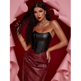 SOLY HUX Women's PU Leather Overbust Corset Bandana Tube Tops Lace up Strapless Boned Body Shaper Bustier Solid Black XS