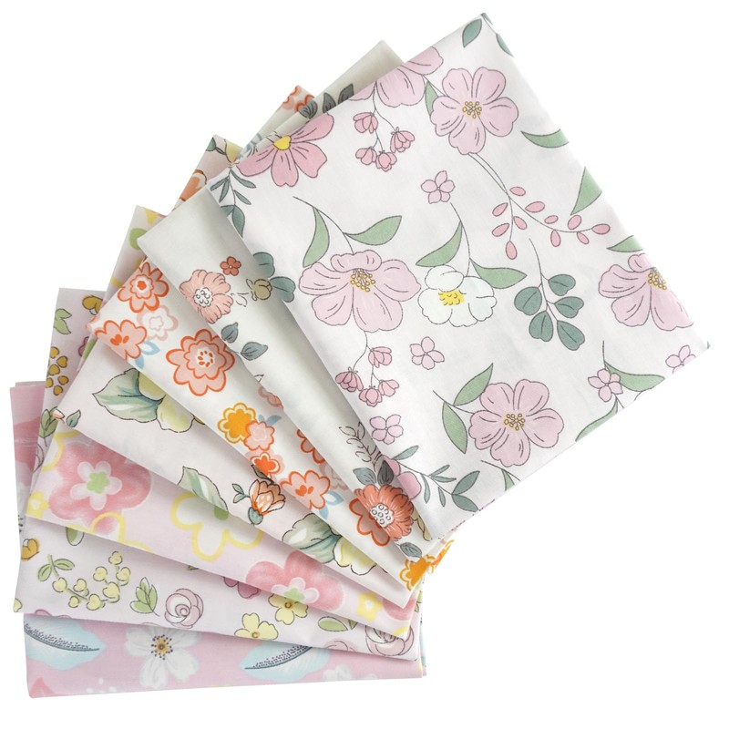Qililandiy Pink Floral Cotton Fat Quarters Quilting Fabric, 7 Pieces,