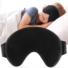 FRESHME Sleep Mask for Kids - 100% Mulberry Silk Kids Eye Mask for Sleeping Boys Girls Light Blocking Cute Soft SND Comfortable Adjustable Blackout Eye Cover Shade Blinder for Better Sleeping Black