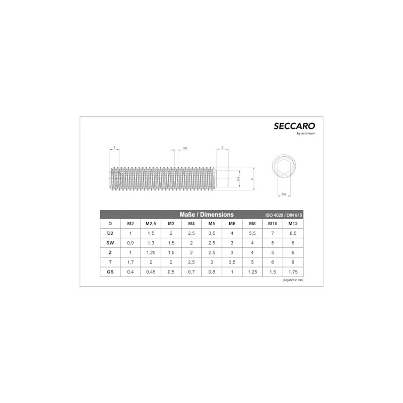 SECCARO 20 x M4 x 4mm Hexagon Socket Set Screw