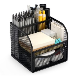 BiSiViO Mesh Desk Organizer, Metal Desk Pencil Holder, Pen Holder for Desk with Drawer, Desktop Accessories, Multi-functional Caddy Pen Organizers with 3 Compartments for Office Art Supplies - Black
