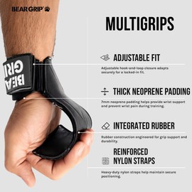 BEAR GRIP Multi Grip Straps/Hooks, Premium Heavy duty weight lifting straps/gloves (Large Rubber)