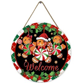 Welcome Christmas Gingerbread Man Front Door Sign, Rustic Wooden Wreath Indoor Wall Hanging Decoration, Stripes Holly Berry Holiday Wooden Wreath Indoor Wall Hanging Decoration 12 Inch