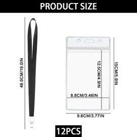 Pack of 12 ID Card Holder with Strap, 4 x 8 Inch Long Transparent Waterproof Vertical Card Case, Lanyard with Card Holder for Business, Exhibition, Office, School (Black)