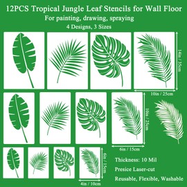 12 Large Leaf Stencils - Reusable Monstera & Palm & Fern & Banana Tropical Jungle Leaf Stencils for Painting on Walls, Furniture, Canvas, Wood, Backdrop, Home Wall Decor & DIY Art Crafts