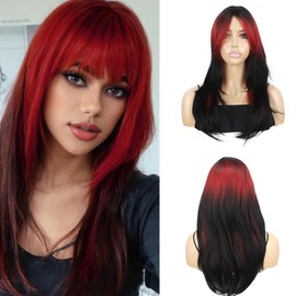 onemily Ombre Red Black Wigs for Women 24Inch Long Straight Wigs With Bangs Cosplay Wigs Natural Looking Synthetic Wig Heat Resistant Layered Wigs