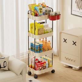 UFORU 4-Tier Rolling Utility Carts with Handle, Snack Carts with Wheels, Multi-Functional Storage Trolley for Office, Living Room, Kitchen, Organizer Carts with Hanging Cups and Lockable Wheels, White