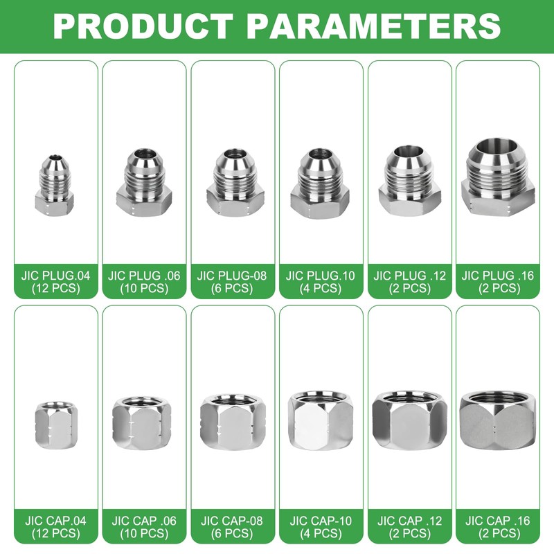 72 Pcs JIC 37° Plug and Cap Kit, Flare Threads