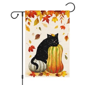 Louise Maelys Fall Black Cat Garden Flag 12x18 Double Sided, Small Burlap Welcome Autumn Pumpkin Garden Flag Fall Thanksgiving Outside Outdoor House Yard Decoration (ONLY FLAG)
