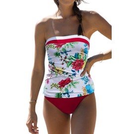 Beachsissi Bandeau Swimsuits for Women Strapless Swimwear Bathing Suits Tummy Control Color Block Tankini Sets, White, Large
