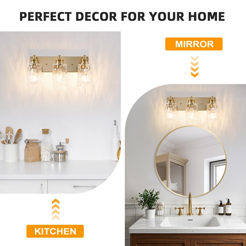 AMRUIPO 3 Light Bathroom Vanity Light Modern Brushed Gold Bathroom