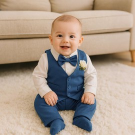 Yoolhamy Baby Boys Formal Suit, Infant Gentleman Outfit Clothes Sets 0-18M Newborn Wedding Birthday Bodysuit + Pants + Waistcoat + Bow Tie + Corsage (UK, Age, 12 Months, 18 Months, Blue)