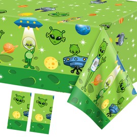 BHNACIER 2 Pcs Alien Party Tablecloth Green Alien Table Covers Aliens Tablecloths Space UFO Themed Party Supplies Space UFO Plastic Rectangular Tablecloth for Aliens Theme Birthday Partys Decorations