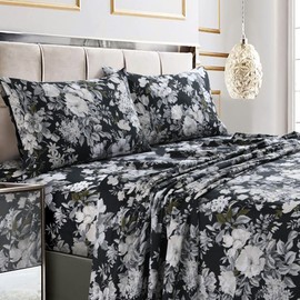 Tribeca Living Twin Bed Sheet Set, 300 Thread Count Soft Cotton Sateen, Floral Print with Extra Deep Pockets, 3-Piece Bedding Set, Vernazza Charcoal/Multicolor