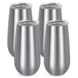 Pack de 4 vasos de champán sin talón, doble aislado, con lid, 6 onzas invisibles, copas de tostado, champán, gran regalo para amigos y familia, cumpleaños, color plateado