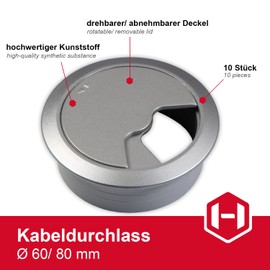 Gedotec Cable guide desk made of sturdy ABS plastic, pack of 10 round cable passages, 80 mm, entry, cable box, aluminium look, cable guide for push-in, cable duct desk