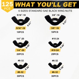 Siptenk Black SAE Wing Nuts 125PCS, #6-32#8-32#10-24 1/4"-20 3/8"-16 5/16"-18 Wingnuts 6 Assorted Sizes Carbon Steel Zinc Plated Butterfly Wing Nut Fasteners Hardware Assortment Kit