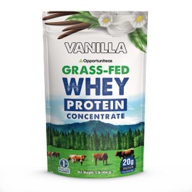 Opportuniteas Grass Fed Whey Protein Powder Concentrate - Vanilla - Pure Protein Supplement for Drink, Smoothie, Shake, Cooking & Baking - Non GMO, Hormone Free & Gluten Free - 1 Pound