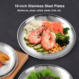 PHOJEWI 10 Inch Stainless Steel Dinner Plates Set of 6, Metal Food Tray Dishes Plates for Kids Feeding Serving Lunch Steak Plates Outdoor Camping Reusable Unbreakable and Dishwasher Safe
