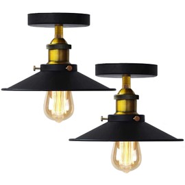 HTRUIYATY Pack of 2 Vintage Umbrella Ceiling Light Industrial Retro Ceiling Light E27 Iron Art Copperhead Lampshade Kitchen Loft Bar Dining Room Lighting Black 22 cm