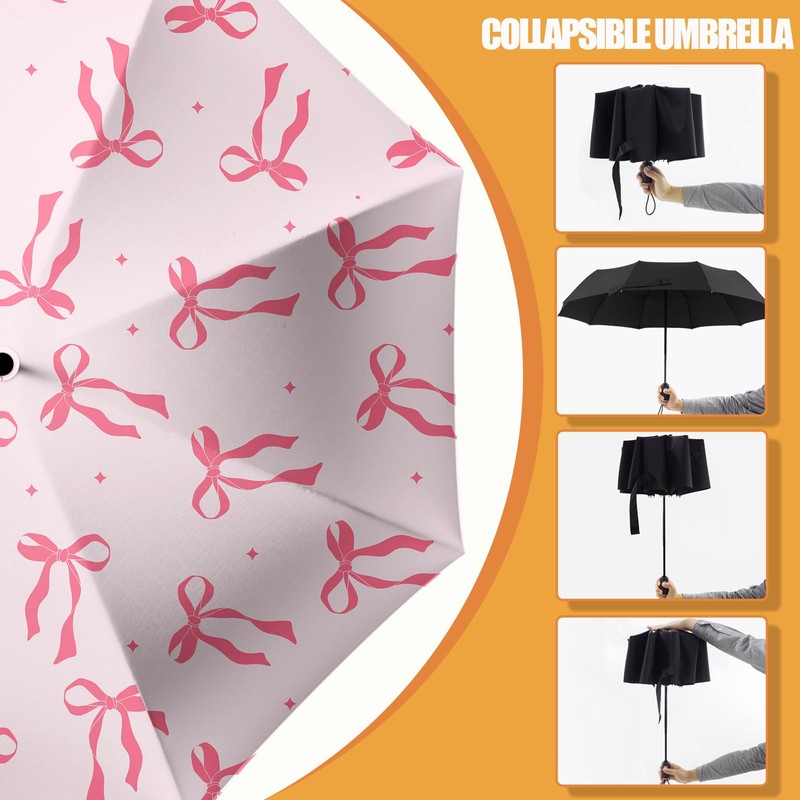 WSZYNDF Pink Bow Pattern Umbrella, Small Travel Compact Automatic Folding