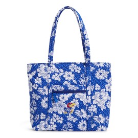 Vera Bradley Women's Cotton Collegiate Vera Tote Bag (Multiple Teams Available), Royal/White Rain Garden With University of Kansas - Recycled Cotton, One Size