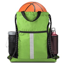 BeeGreen Royal Blue Drawstring Backpack Bag with Shoe Compartment X-Large Black Gym Sports String Cinch Backpack Athletic Sackpack with Front Inside Zipper Pockets and Mesh Water Bottle Holders for Women Men