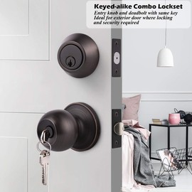 Gobrico Entry Door Knob with Matching Single Cylinder Deadbolt Combo Set in Oil Rubbed Bronze Keyed Alike Front Exterior Door Locksets,6 Pack