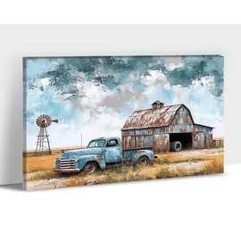 ANRUOXI Vintage Farmhouse Truck Wall Art, Old Truck Farm Picture Canvas Prints, Rustic Farmhouse Barn View Painting, Retro Country Landscape Pictures Wall Decor for Living Room 18" Hx24 W Inches