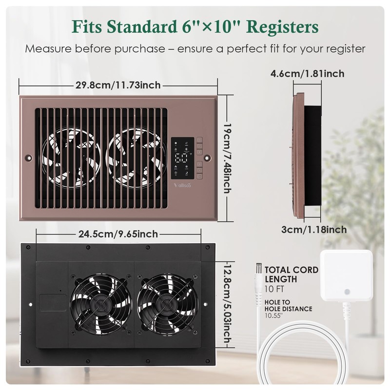 VallisCo Register Booster Fan 6" x 10" with Negative Ion,