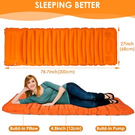 Extra Thick 4.8" Camping Sleeping Pad, Inflatable Sleeping Pad with Pillow, 78"x27", Ultralight Camping Mattress Pad with Built-in Foot Pump for Tent,Hiking,Backpacking & Picnic (Orange)