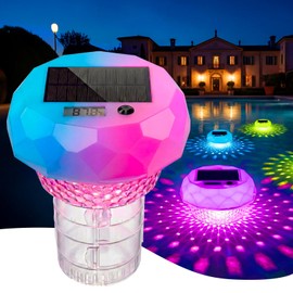 Upgrade 3-in-1 Solar Pool Light Floater, Chlorine Dispenser with Digital Thermometer, Remote/Button Control Color Changing Lights, IP68 Waterproof Solar Powered Pool Accessories for Pool Party, SPA.
