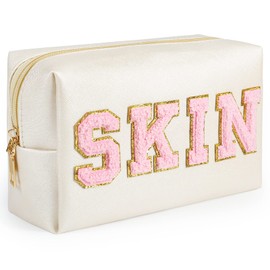 GINOYA GINOYA Preppy Patch Makeup Bag, Birthday Gift for Girl, Travel Bag with Skin Chenille Letter for Purse Diaper Toiletry Bag (Synthetic Leather)