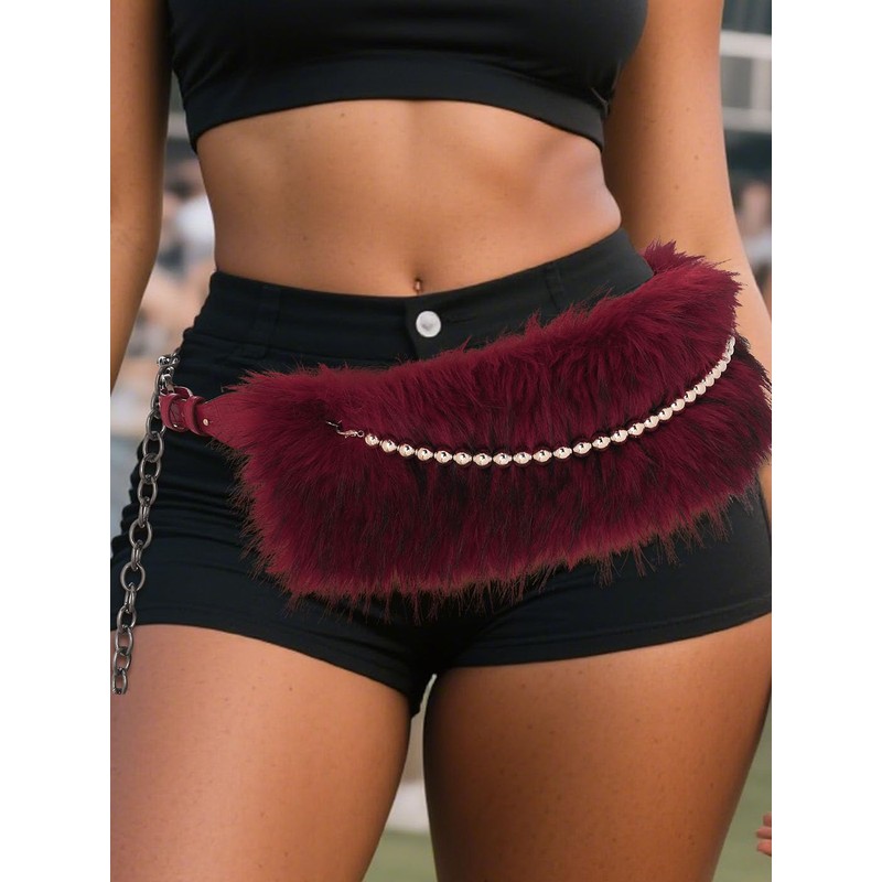 Wriidy Fur Leather Belt Red Women Punk Belt Wide Bead