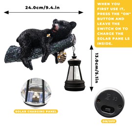 MHLLGN Solar Black Bear Tree Hugger for Outside, Animal Garden Accessories Outdoor Tree Sculpture, Baby Bear on a Tree, Bear Cub Yard Tree Decorations