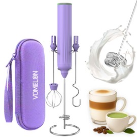 Milk Frother Handheld with 3 Stainless Steel Whisks, Rechargeable Electric Drink Mixer with Stand & Travel Case, Milk Foamer for Coffee, Latte, Cappuccino, Hot Chocolate, Egg,Jam Supplement-Purple