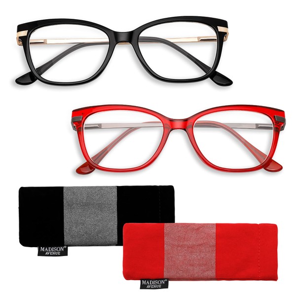 Madison Avenue 2 Pack Cateye Reading Glasses for Women, Fashion Readers with Comfort Spring Hinge Black, Red +3.0
