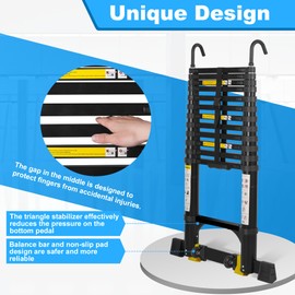 Wolec Telescoping Ladder,14.5FT Aluminum Portable Extension Ladder w/Hooks, Stabilizers& Wheels, Heavy Duty 330lbs Max Capacity, Collapsible Telescopic Ladder for Rv, Roof, Attic, Outdoor -Black