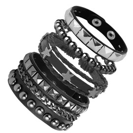 4 Pcs Leather Studded Bracelets for Women, Mens Spiked Punk Rock Grunge Cuff Wristbands Emo Accessories Set for 80s 90s Outfits (Stars Style)